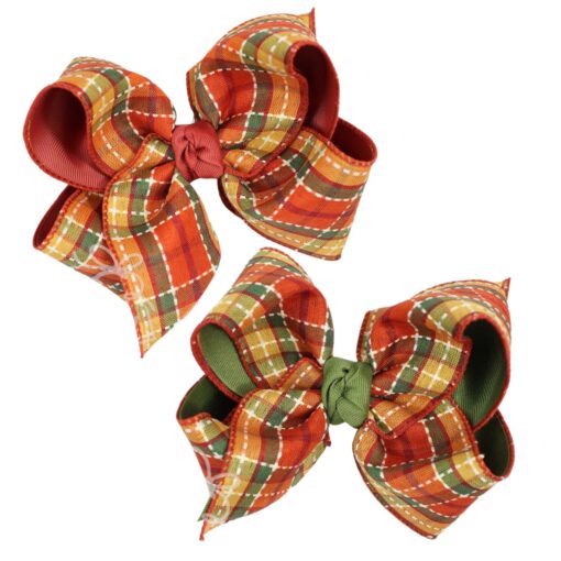 LAYERED NEW RUST & MOSS FALL PLAID BOW ON CLIP | Beyond Creation
