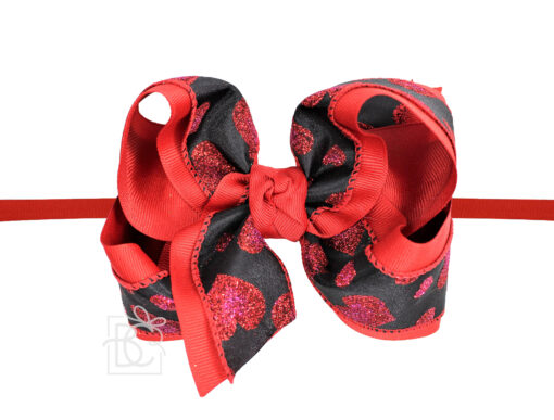 THIN PANTYHOSE HEADBAND W/ VALENTINE'S DAY BLACK & RED GLITTER HEART HAIR BOW | Beyond Creation