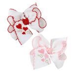 VALENTINE'S DAY EMBROIDERED HEART CROCHET EDGE HAIR BOW