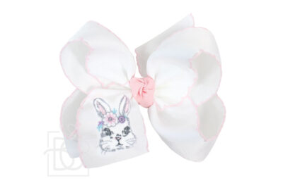 Embroidered Bunny Face Easter Crochet Edge Hair Bow on Alligator Clip | Beyond Creation