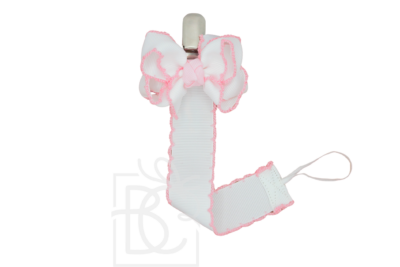 White w/Light Pink Crochet Edge Pacifier Clip | Beyond Creation