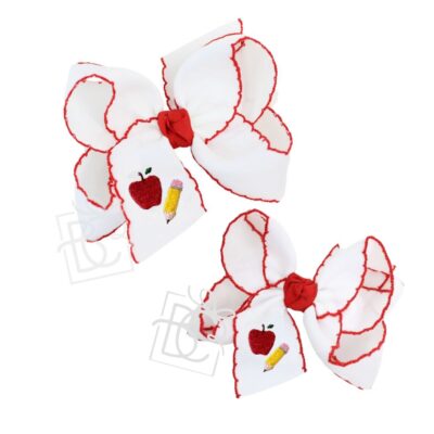 Embroidered Apple & Pencil Crochet Edge Hair Bow on Alligator Clip | Beyond Creation
