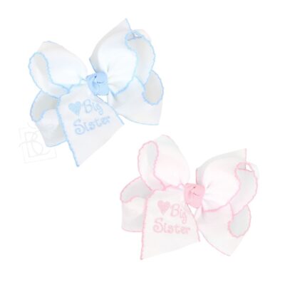 Embroidered Big Sis Crochet Edge Hair Bow on Alligator Clip (5.5" Huge) | Beyond Creation