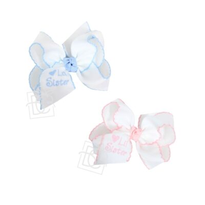 Embroidered Lil Sis Crochet Edge Hair Bow on Alligator Clip (4.5" Large) | Beyond Creation