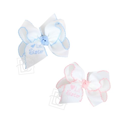 Embroidered Lil Sis Crochet Edge Hair Bow on Alligator Clip (4.5" Large) | Beyond Creation