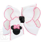 Embroidered Mouse Crochet Edge Hair Bow (White/Hot Pink)