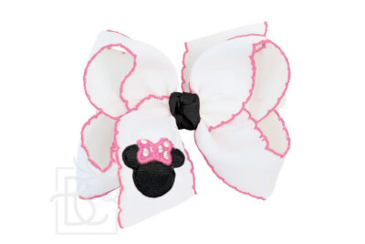 Embroidered Mouse Crochet Edge Hair Bow (White/Hot Pink) | Beyond Creation