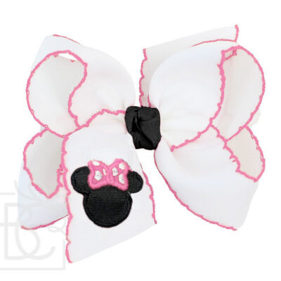 Embroidered Mouse Crochet Edge Hair Bow (White/Hot Pink) | Beyond Creation