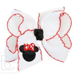 Embroidered Mouse Crochet Edge Hair Bow (White/Red)