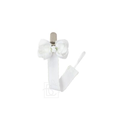 Flower Embellished Crochet Edge Pacifier Clip (White/White) | Beyond Creation