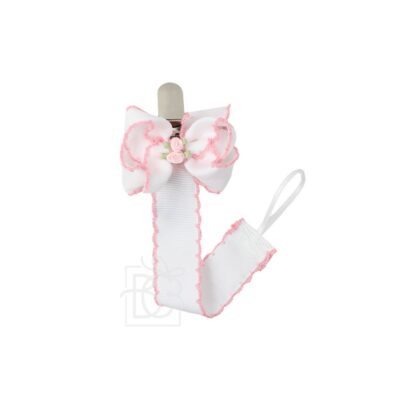 Flower Embellished Crochet Edge Pacifier Clip (White/Light Pink) | Beyond Creation